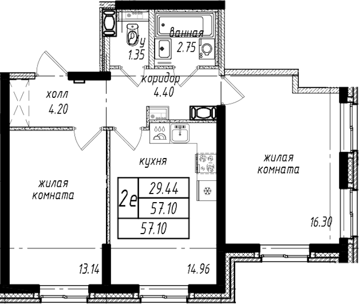 2-комнатная квартира 57.1 м², 1/25 эт., ЖК «Северная Долина»